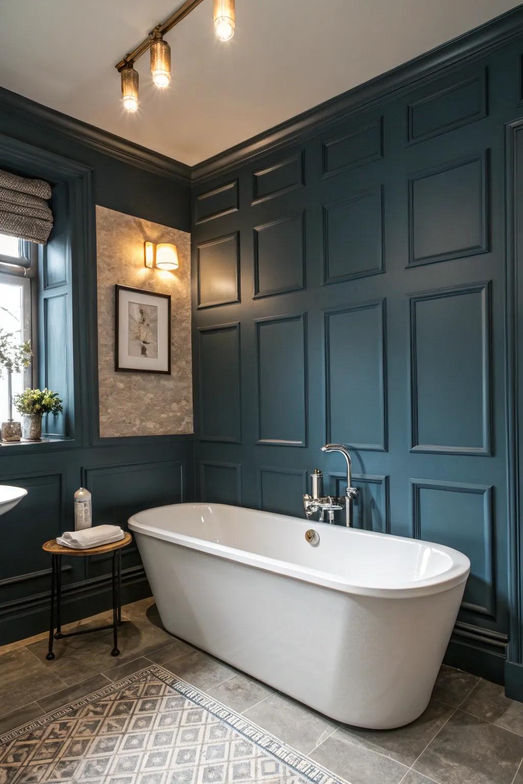 An accent wall behind the tub adds visual interest and drama.