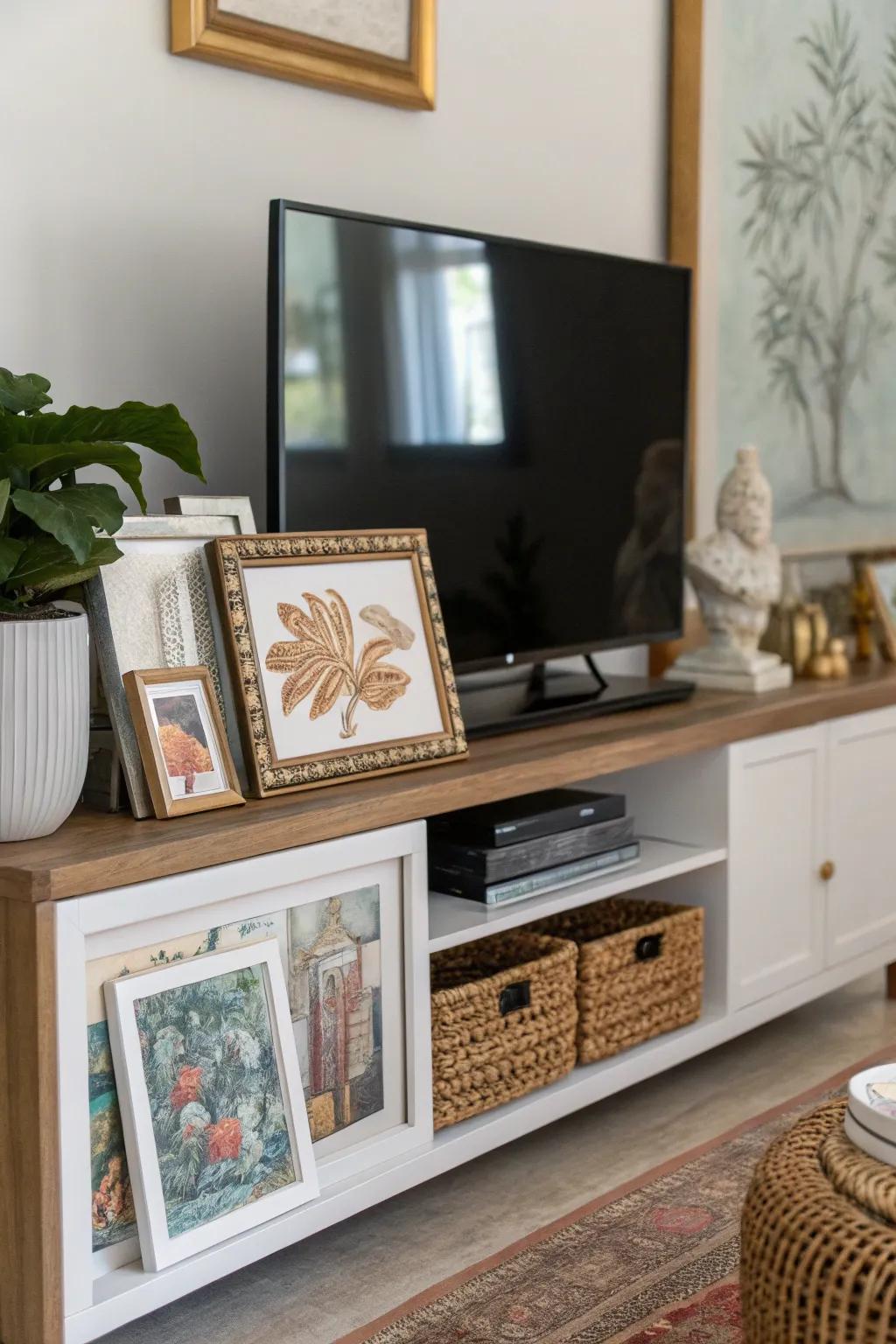 Art and frames adding character to a TV console.