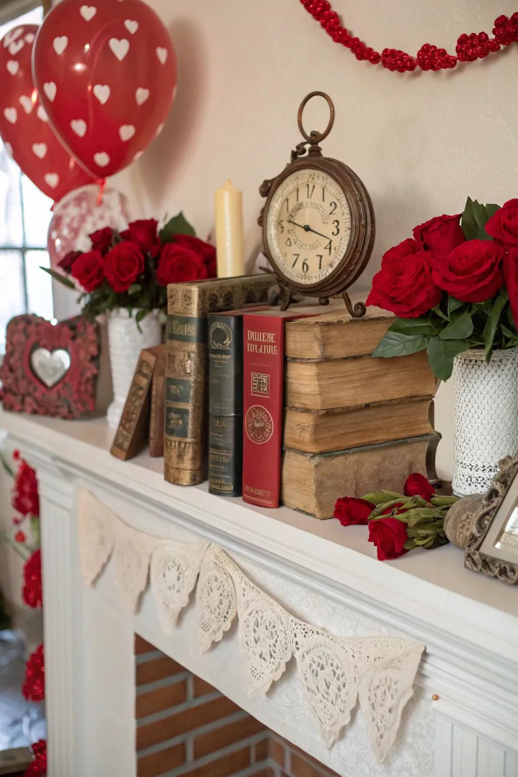 Nostalgic vintage touches enhancing the mantel's charm.