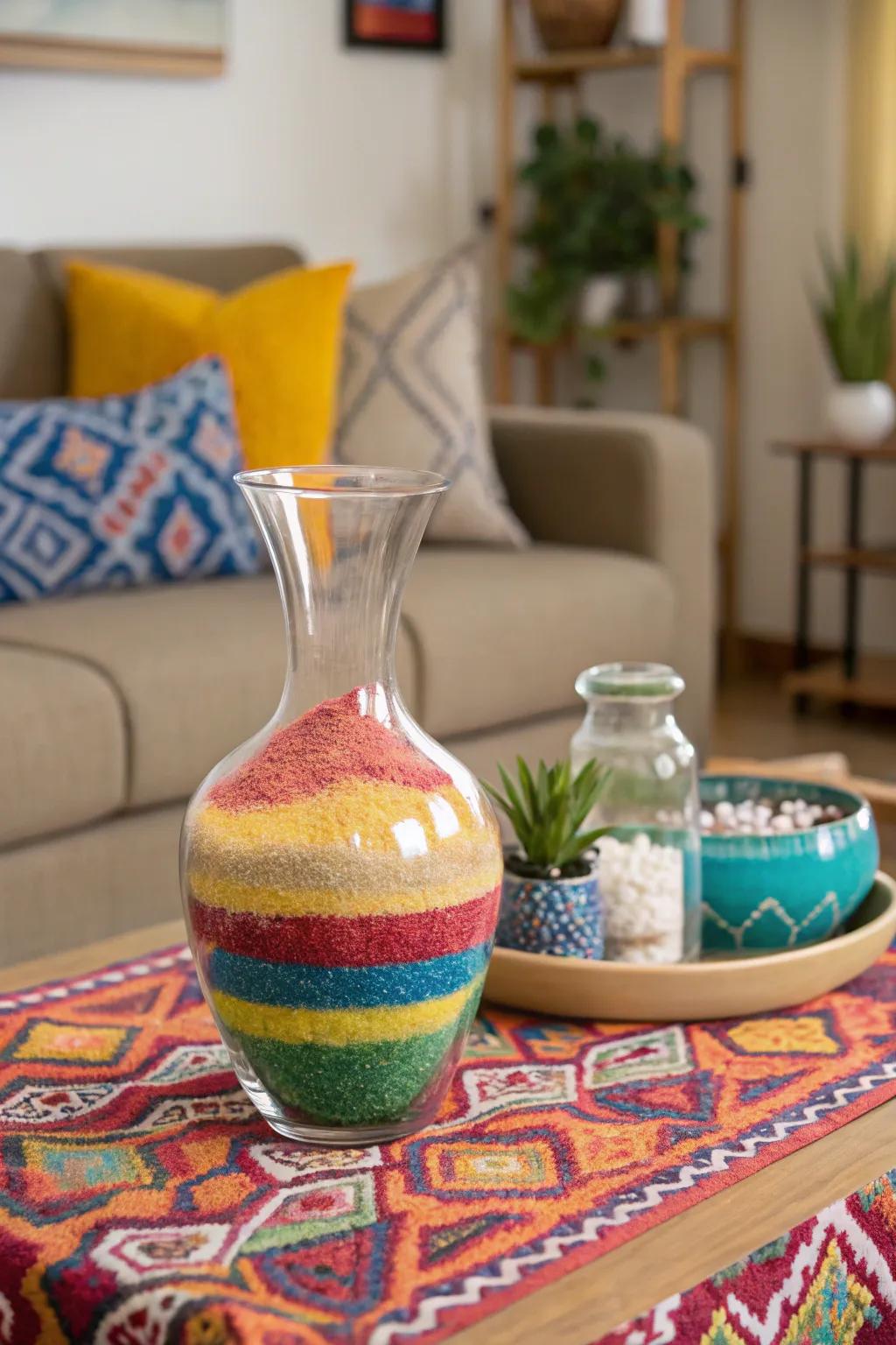 Express creativity with layered colorful sand.