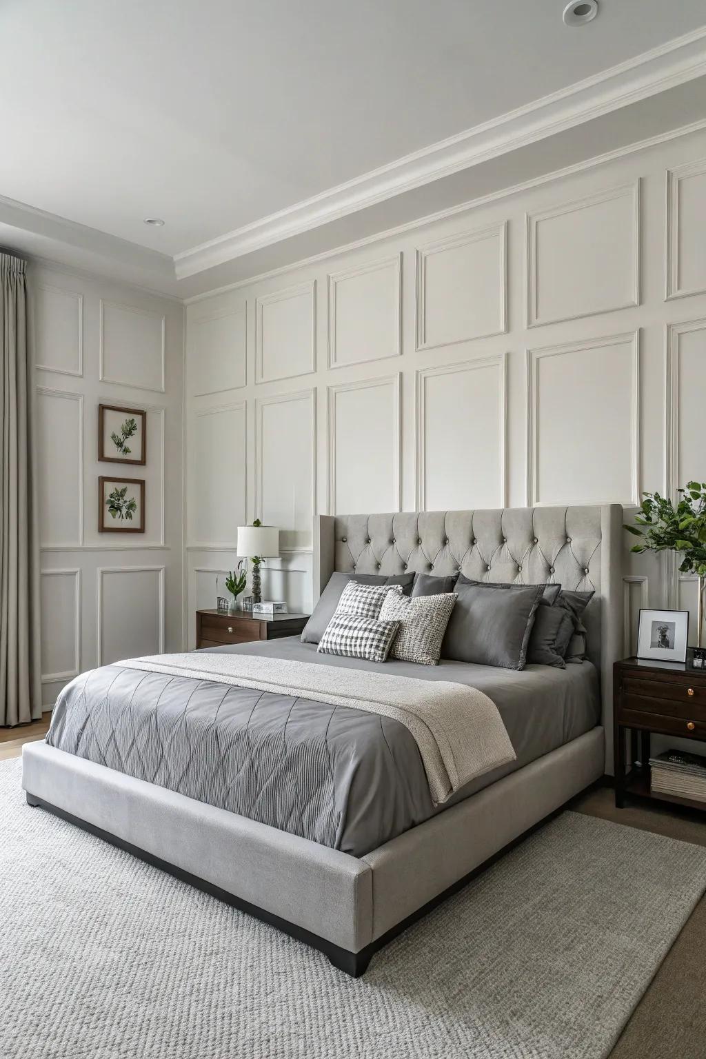 Minimalist wainscoting is perfect for a sleek, modern bedroom.