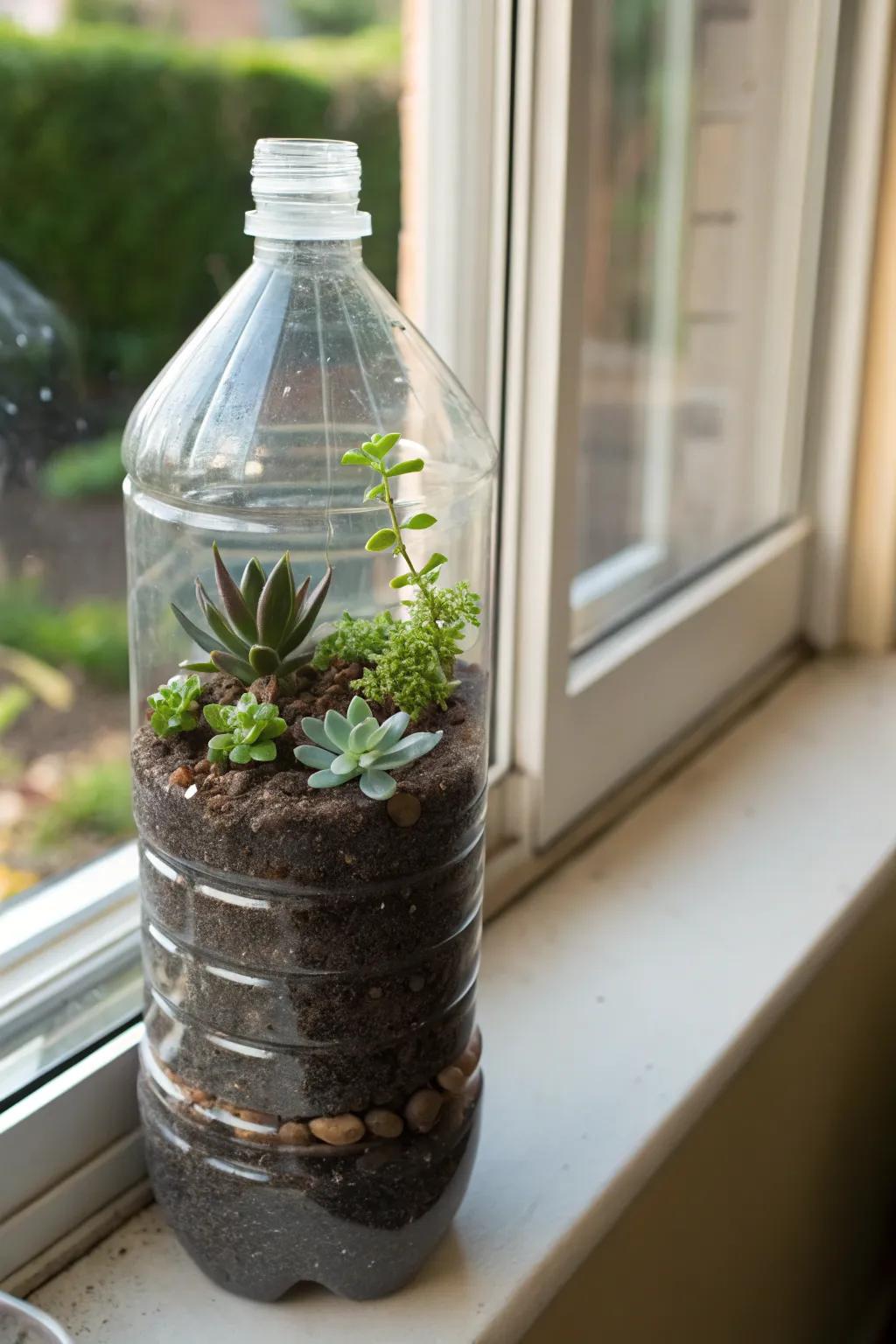 A water bottle repurposed as a succulent planter.