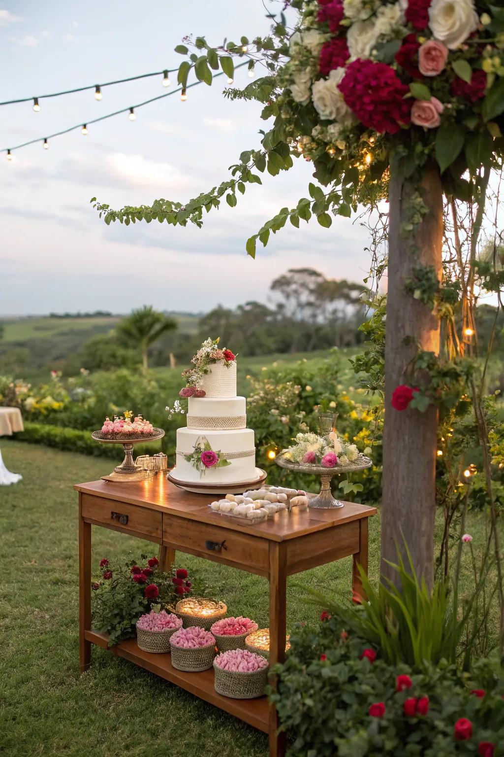 A wedding cake displayed amidst the natural beauty of a garden.