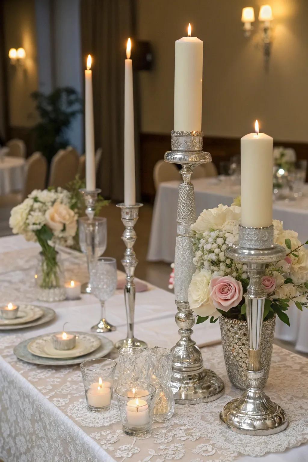 Elegant candle displays on wedding tables, creating a warm and inviting atmosphere.