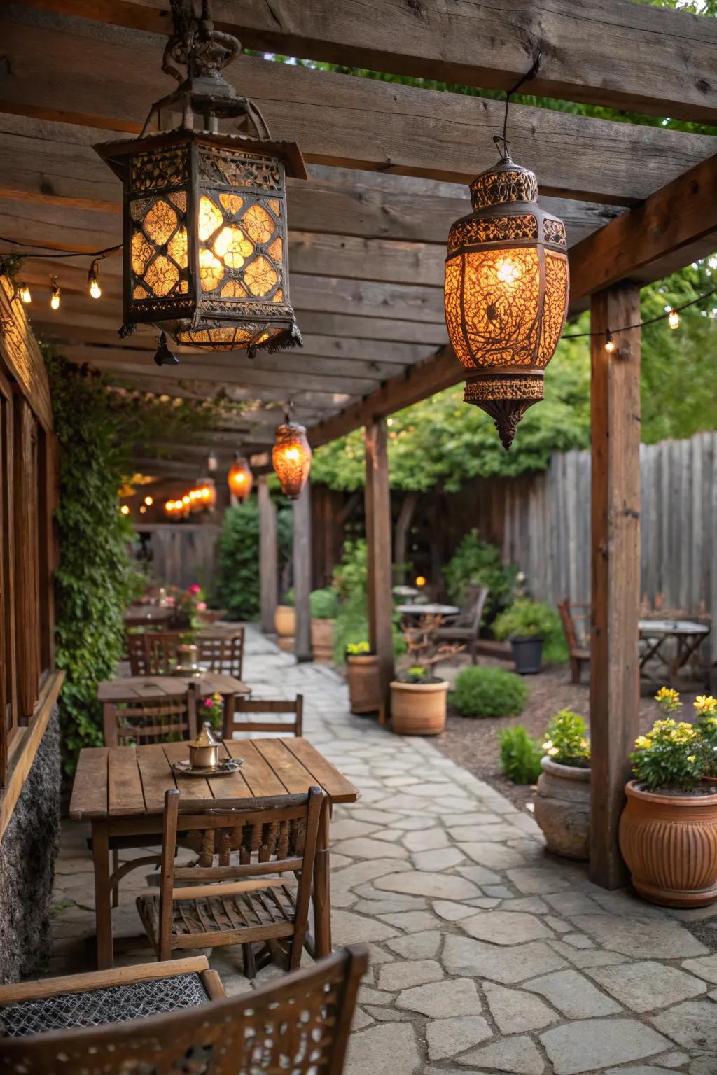 Lanterns bring a hint of country elegance to the patio.