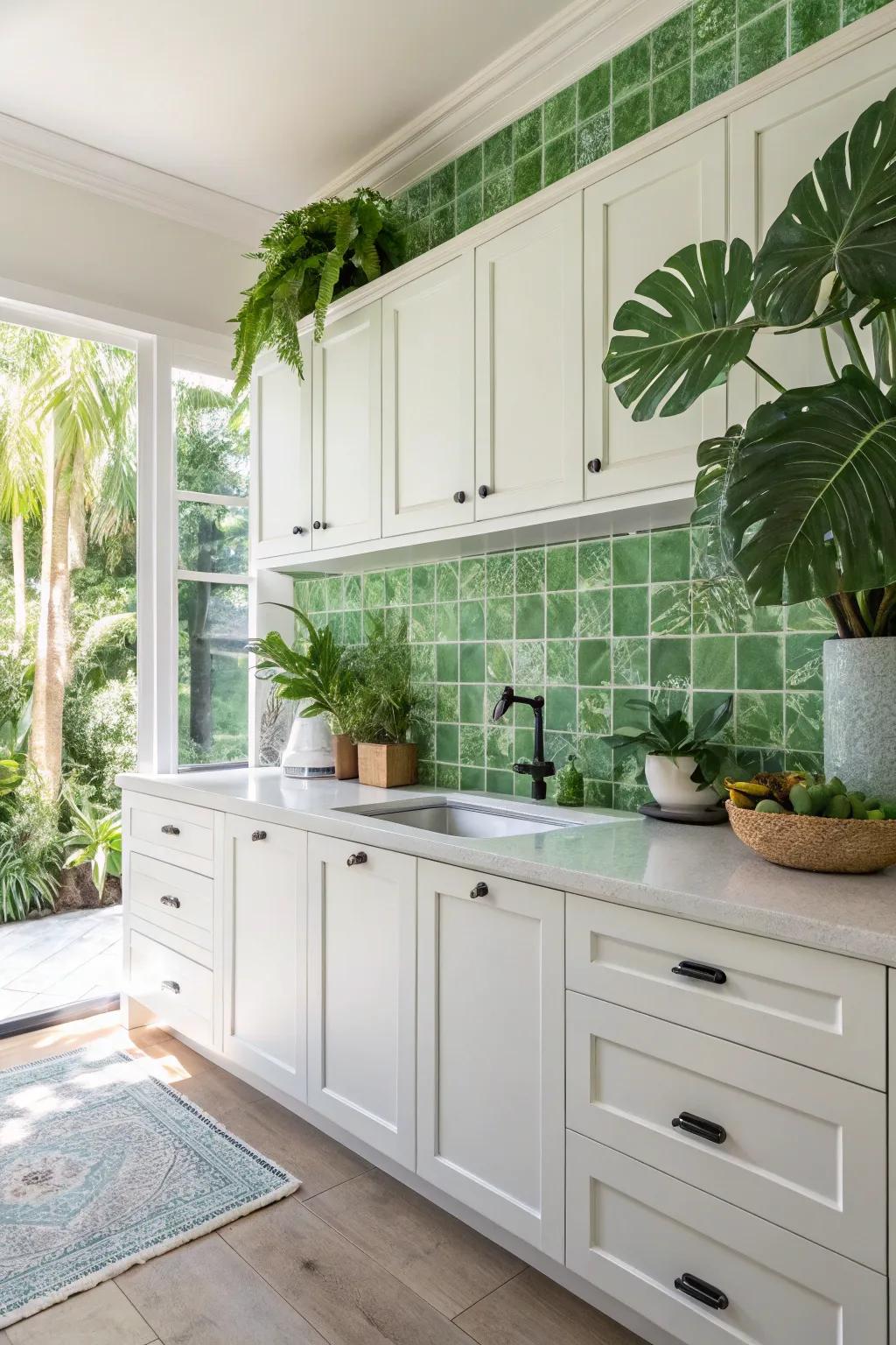 Green tiles infusing a natural freshness into a white cabinet kitchen.