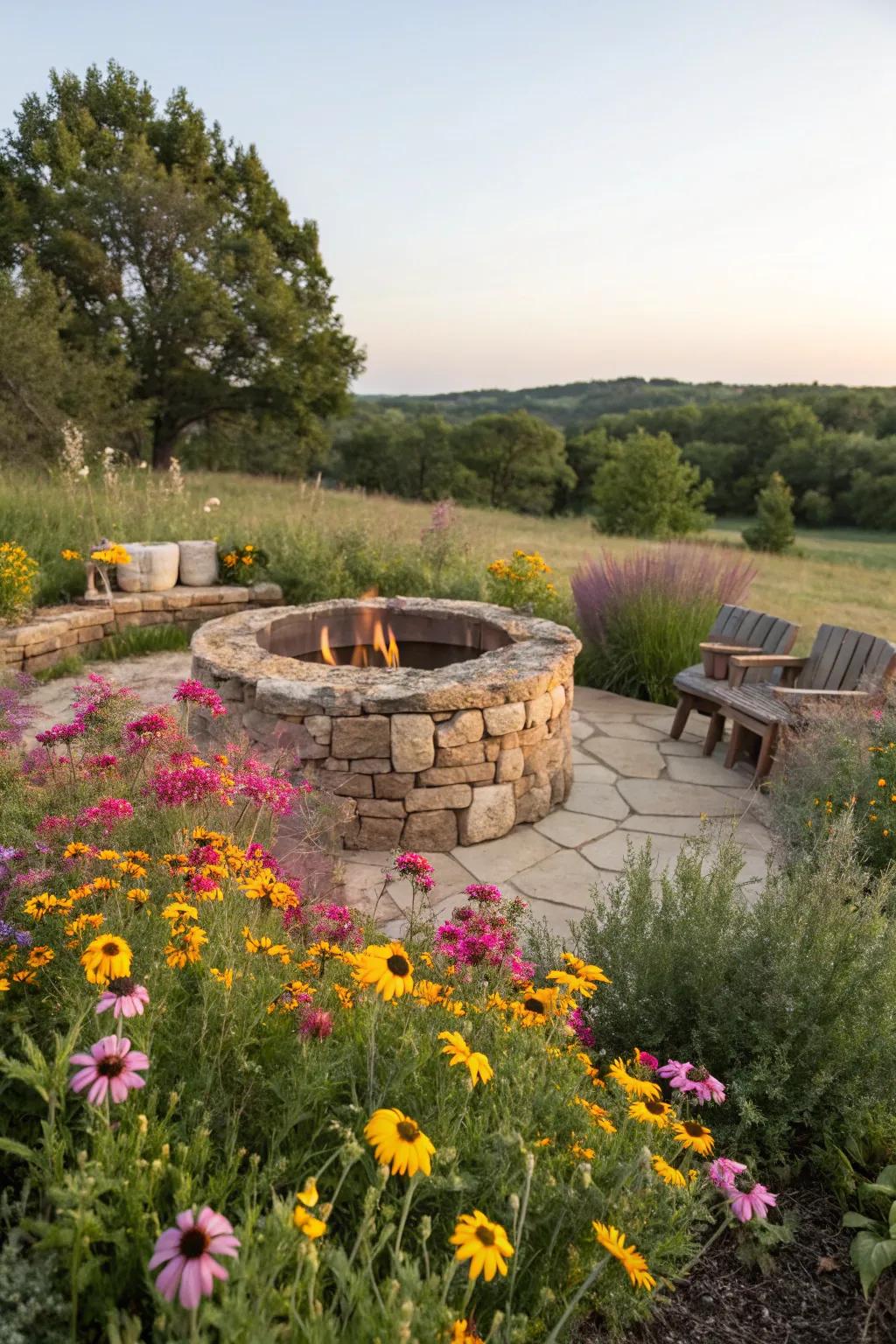 A cozy fire pit area enveloped by colorful wildflowers.