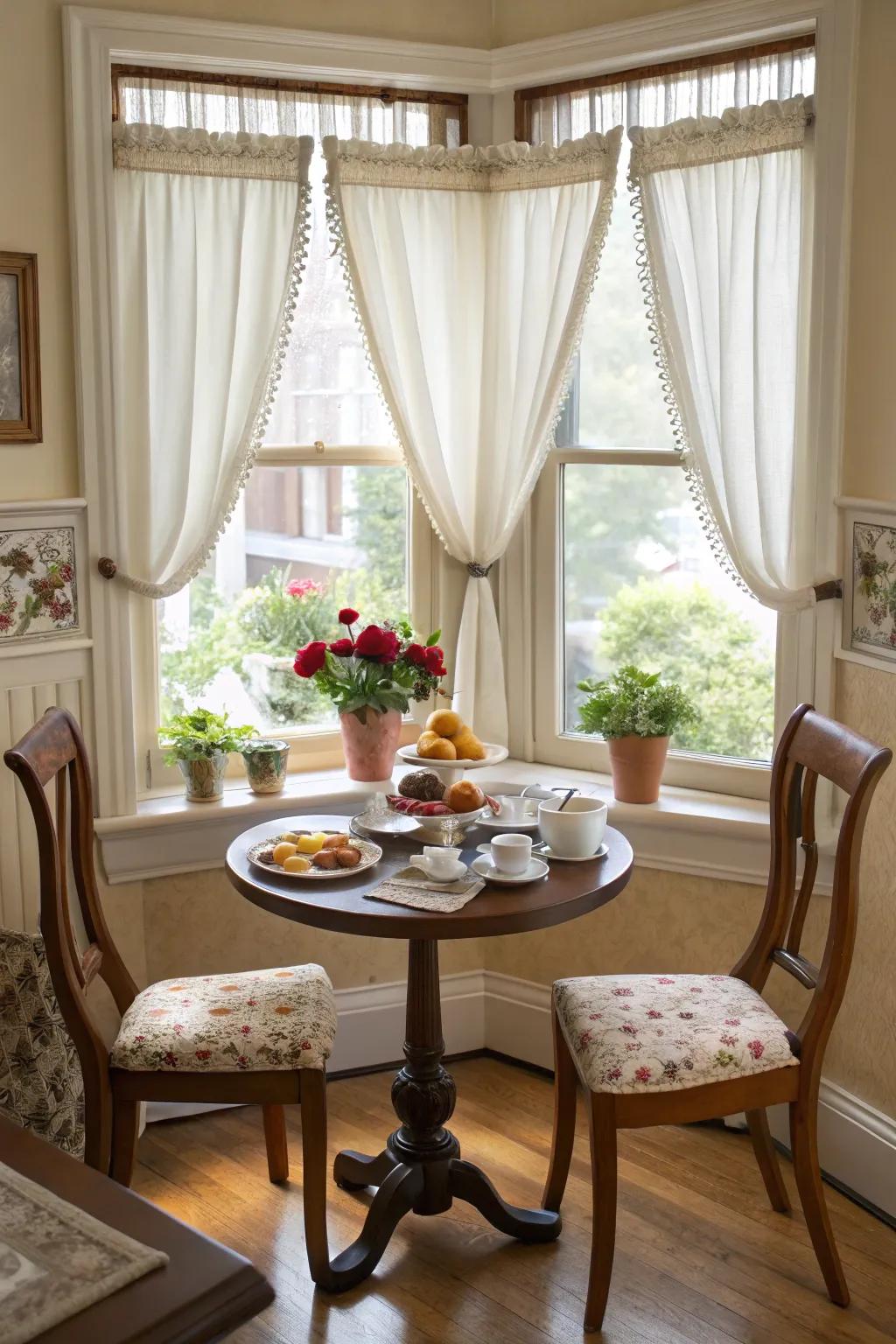 Bistro curtains bring a comfortable, retro appeal to this morning meal area.