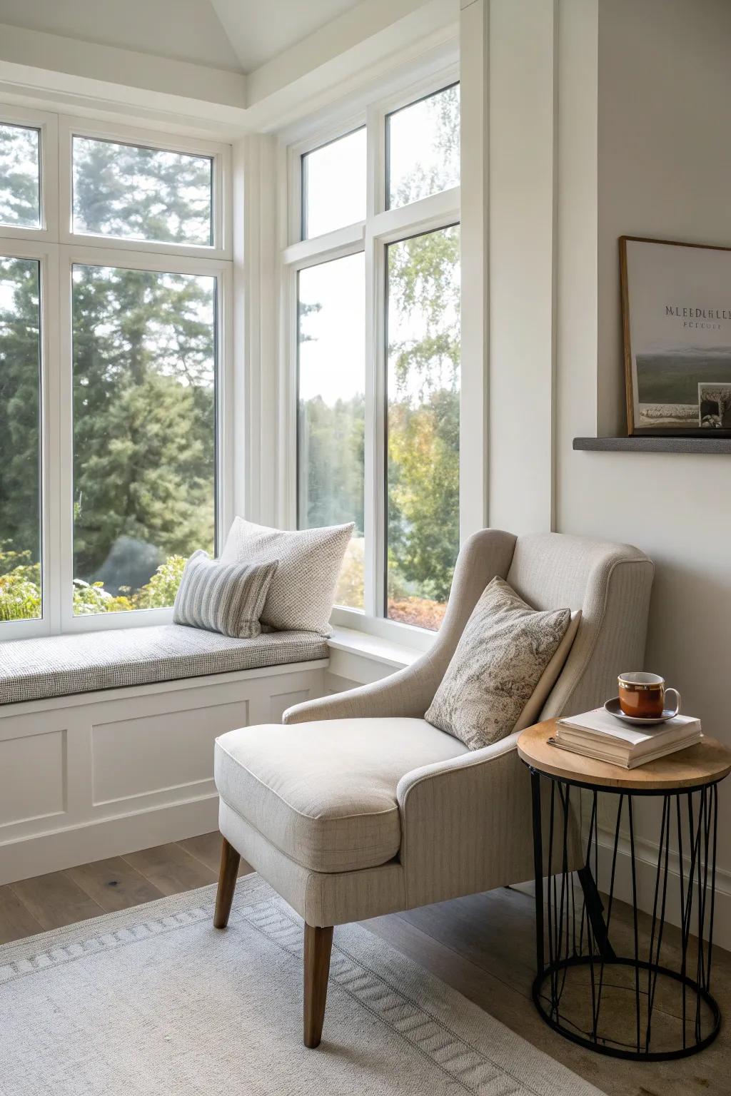 A minimalist window reading nook with a modern touch.