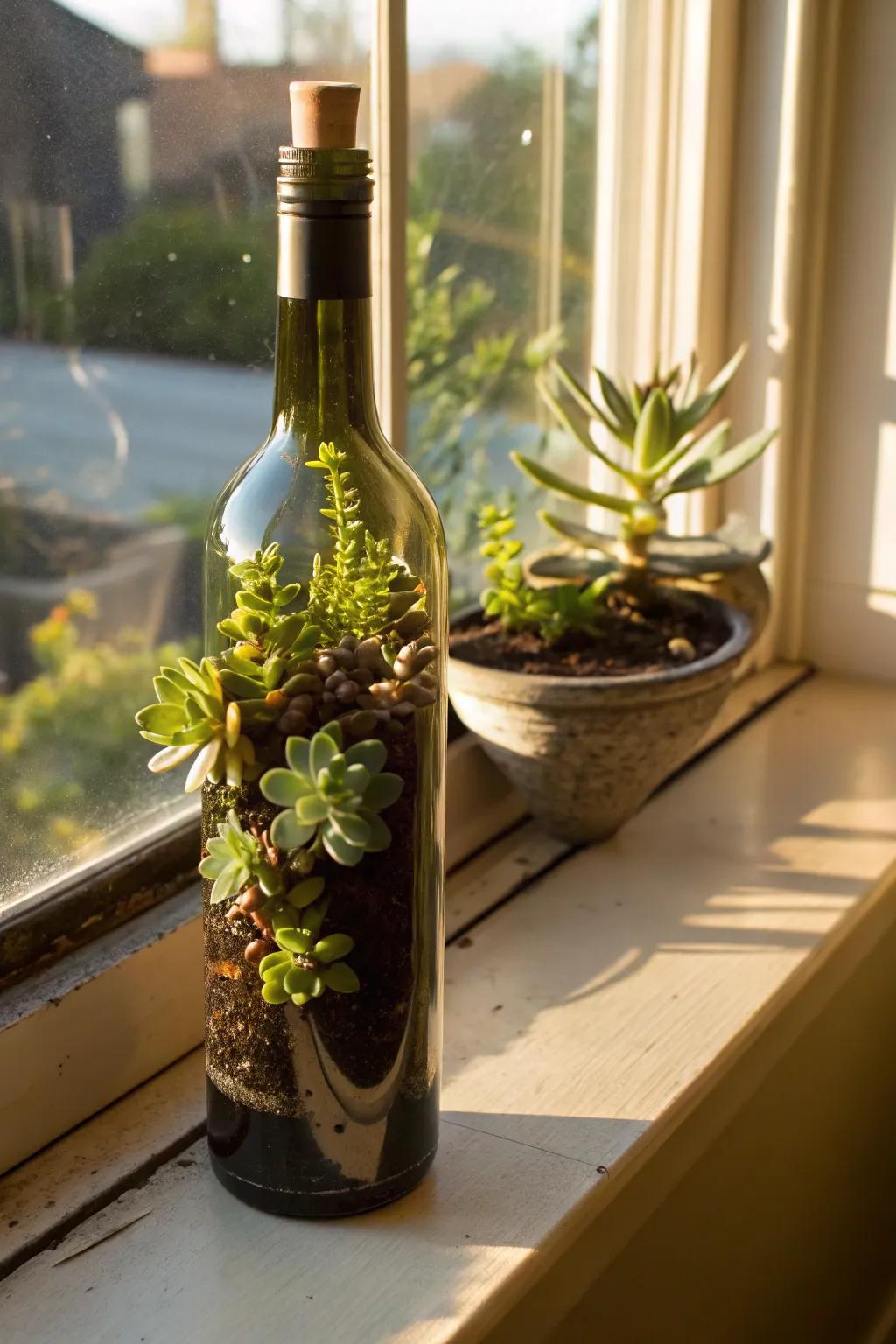Grape juice bottles as fleshy plant pots make for eco-friendly decoration.