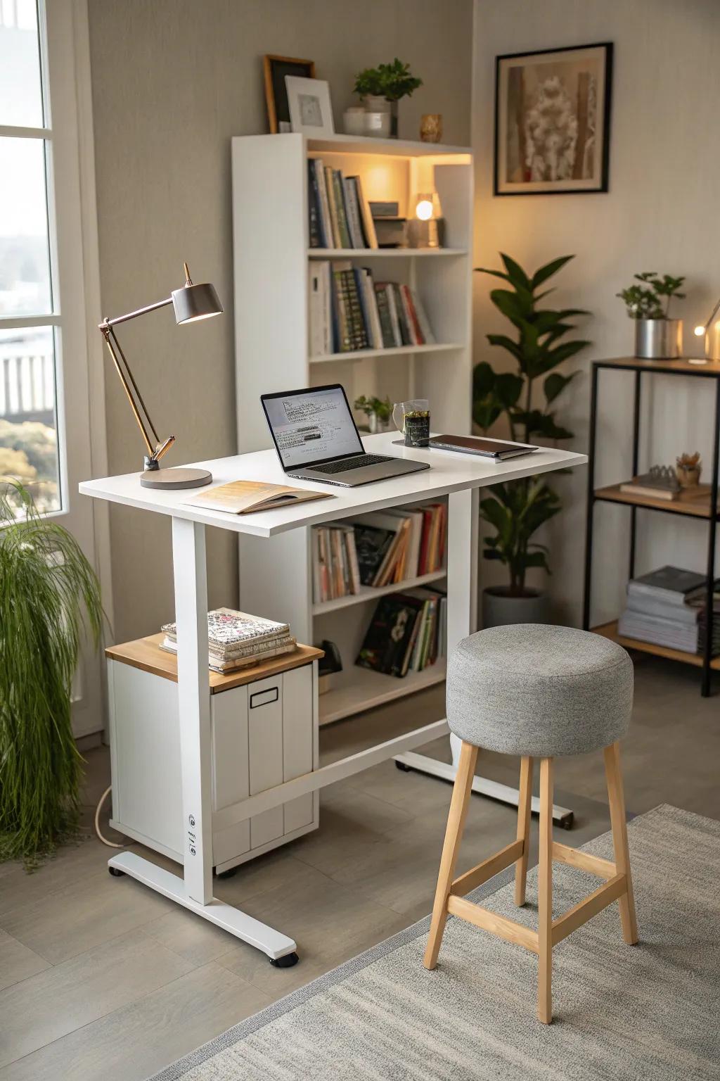 A standing desk promotes movement and energy.