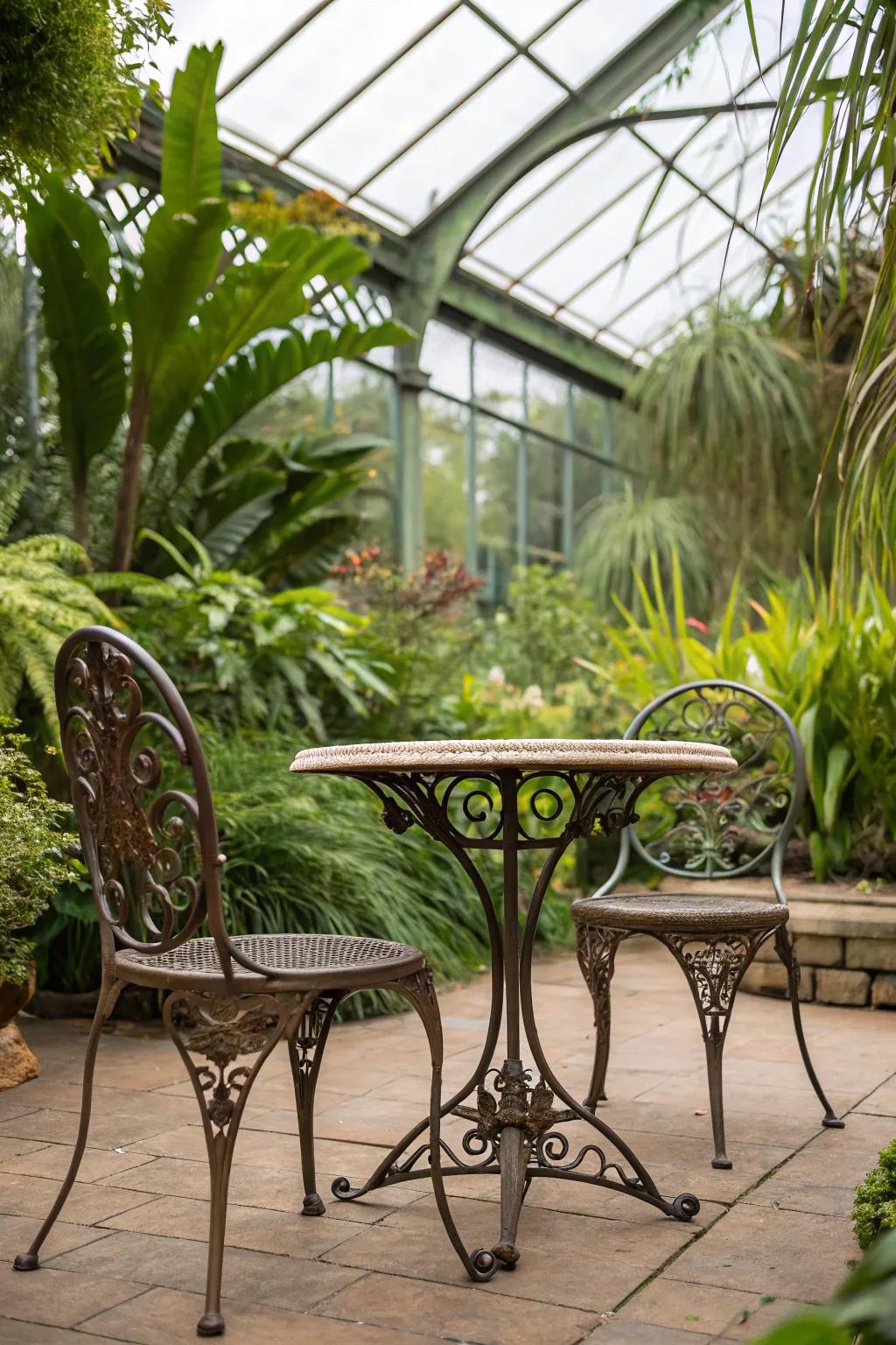 Cast metal furnishings coupled with greenhouse plants creates an exotic hideaway.