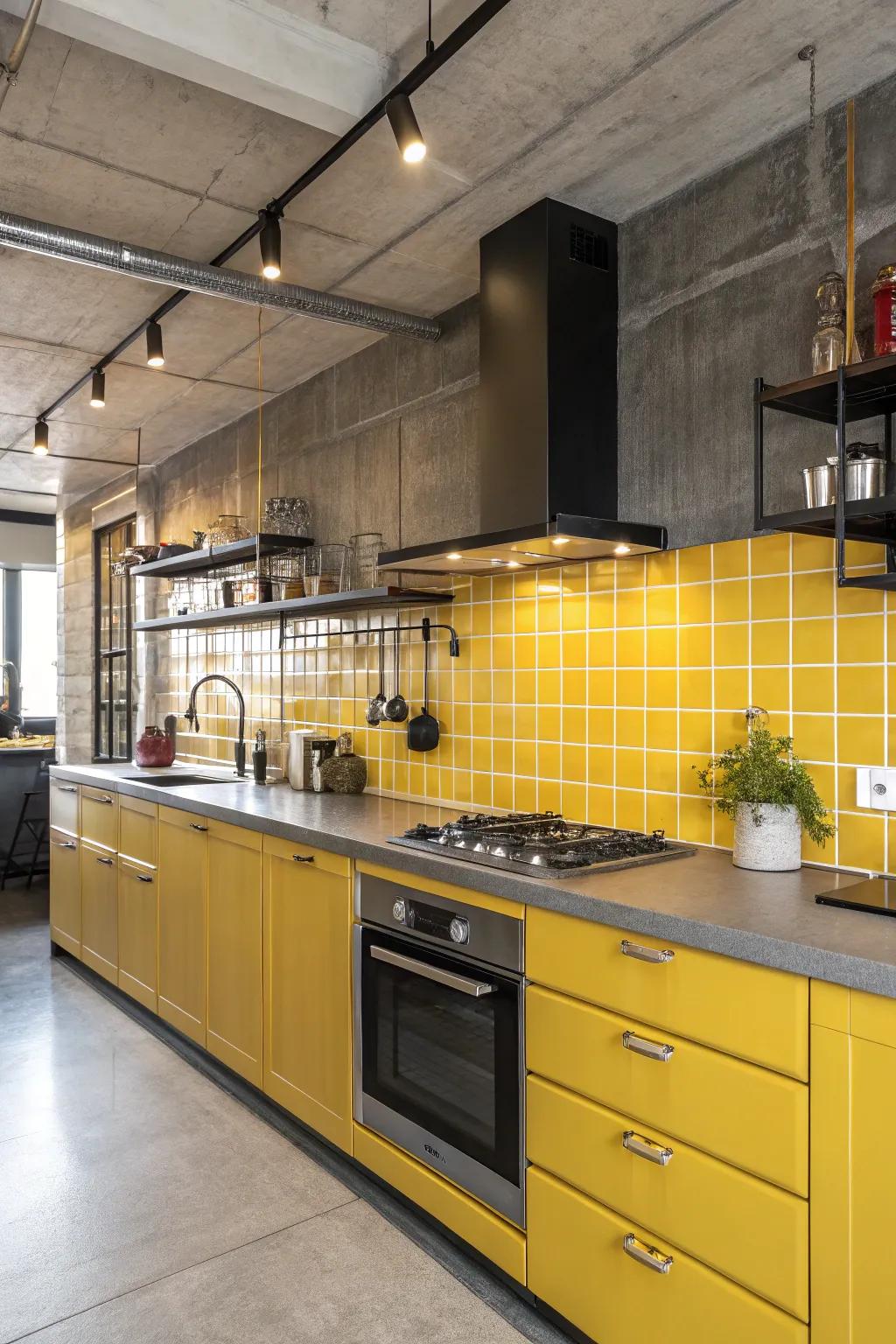 Metallic fixtures provide a sleek contrast to the yellow backsplash.