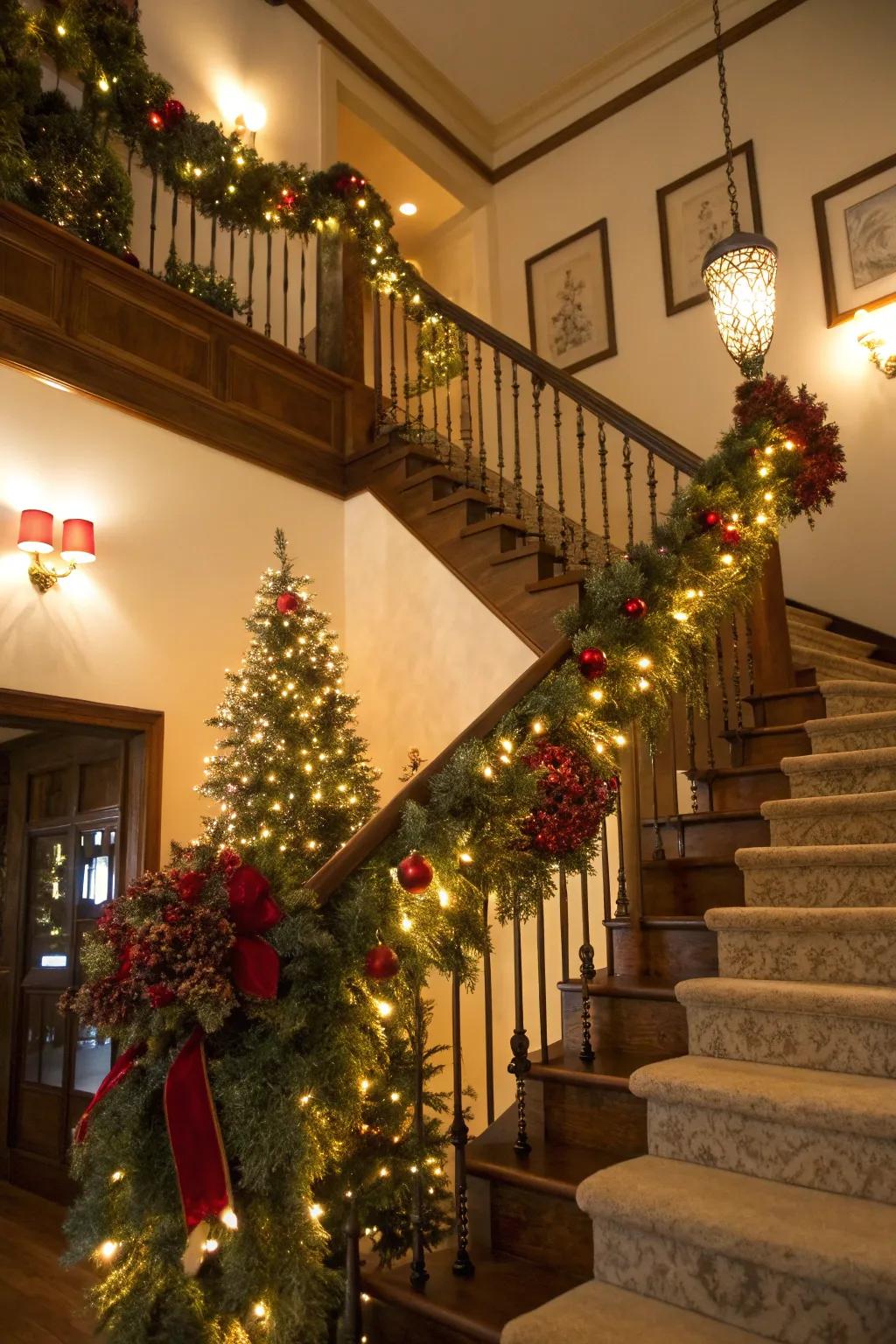 A staircase becomes a festive focal point with a lush garland.