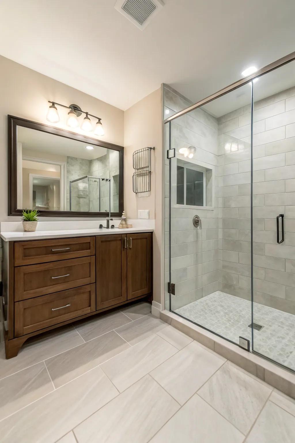 A seamless transition unifies the floor and shower space elegantly.