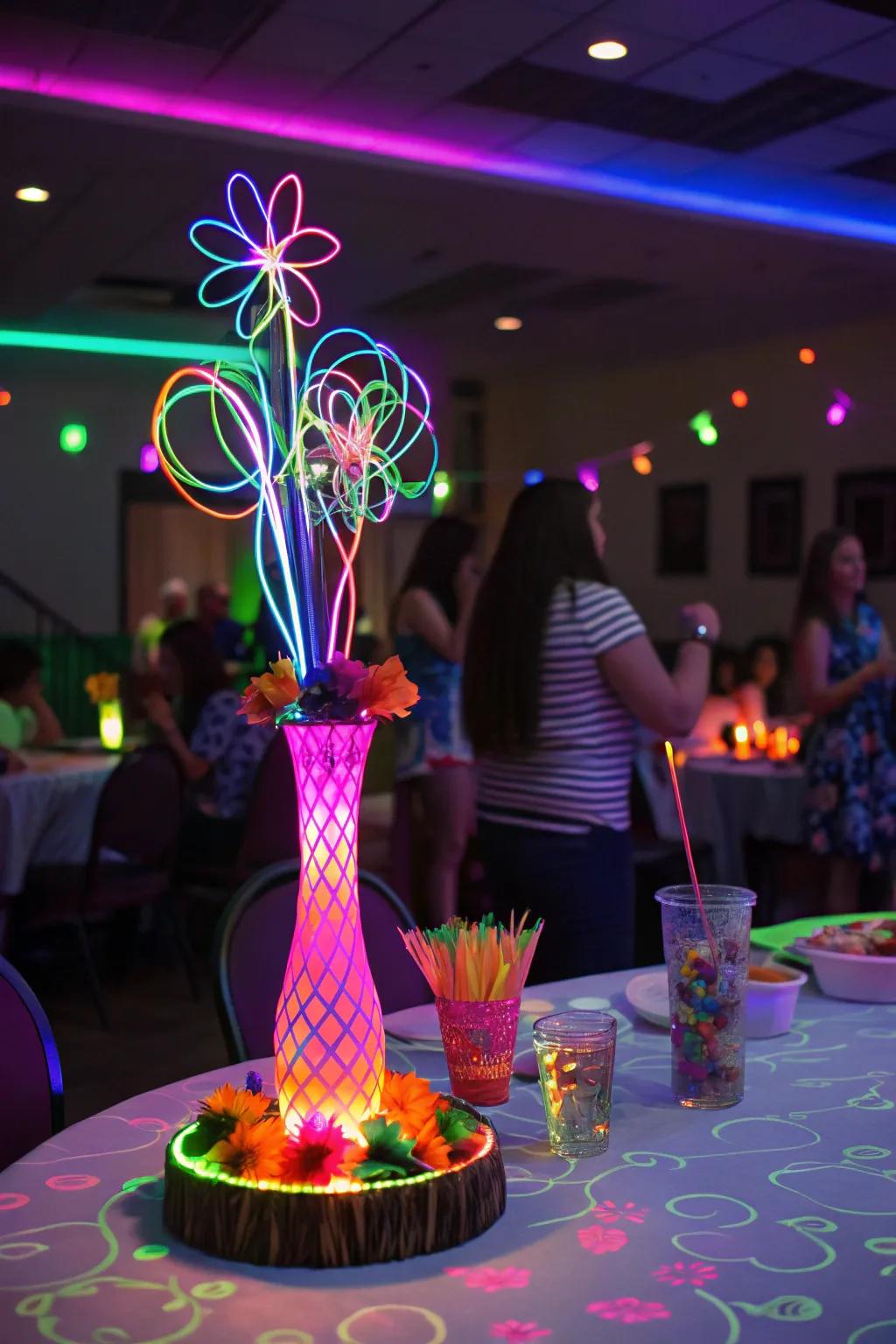 Neon-lit centerpieces electrifying the party's vibe.