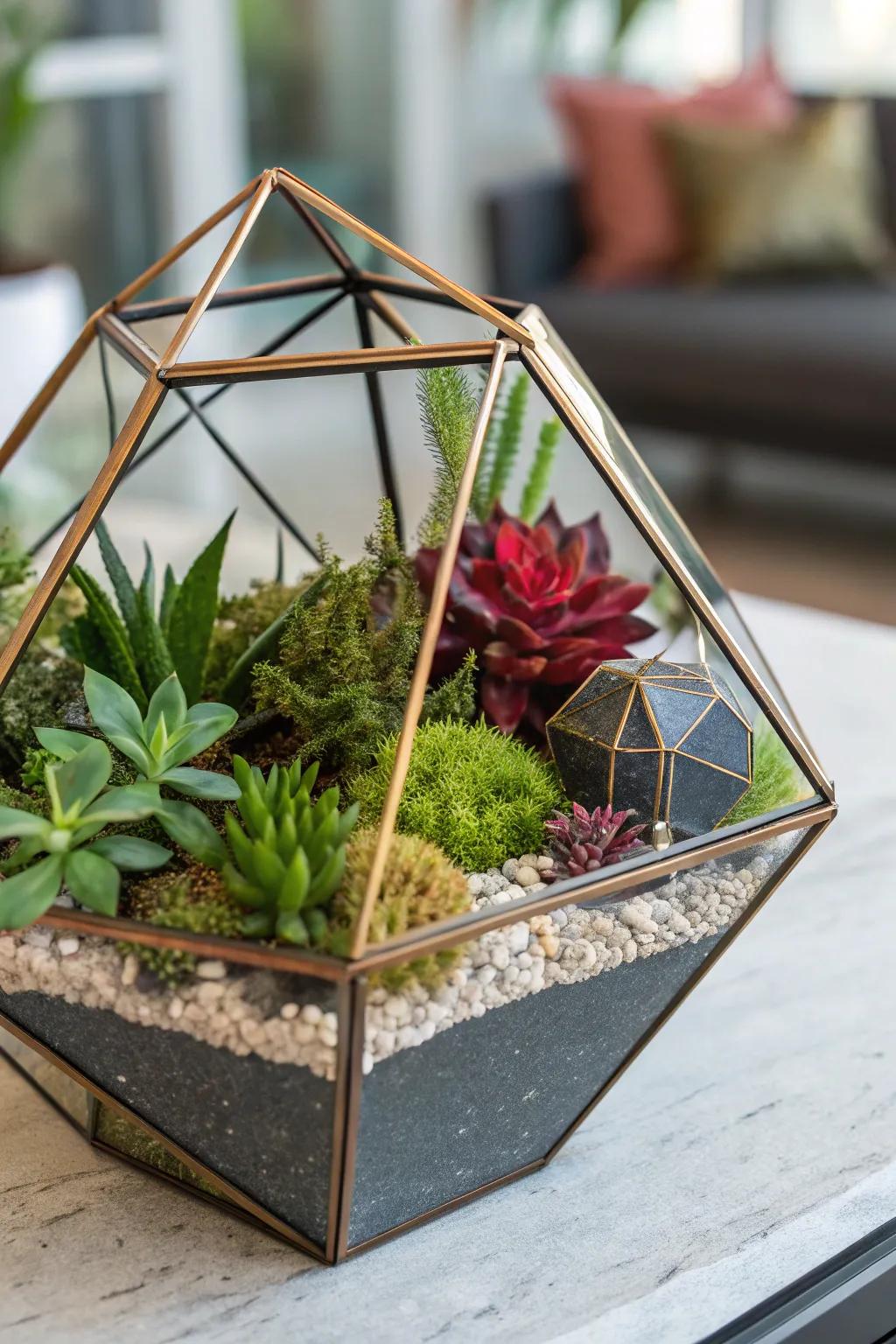 A sleek, futuristic terrarium with modern design elements.