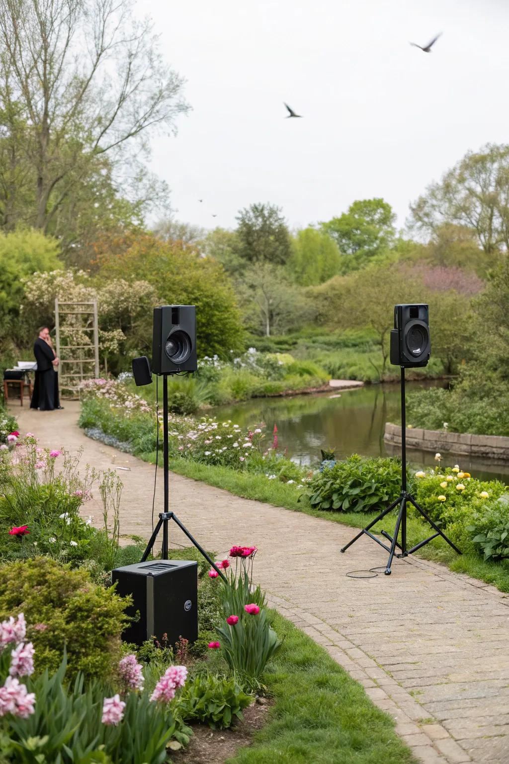 A serene garden atmosphere enhanced by gentle music.