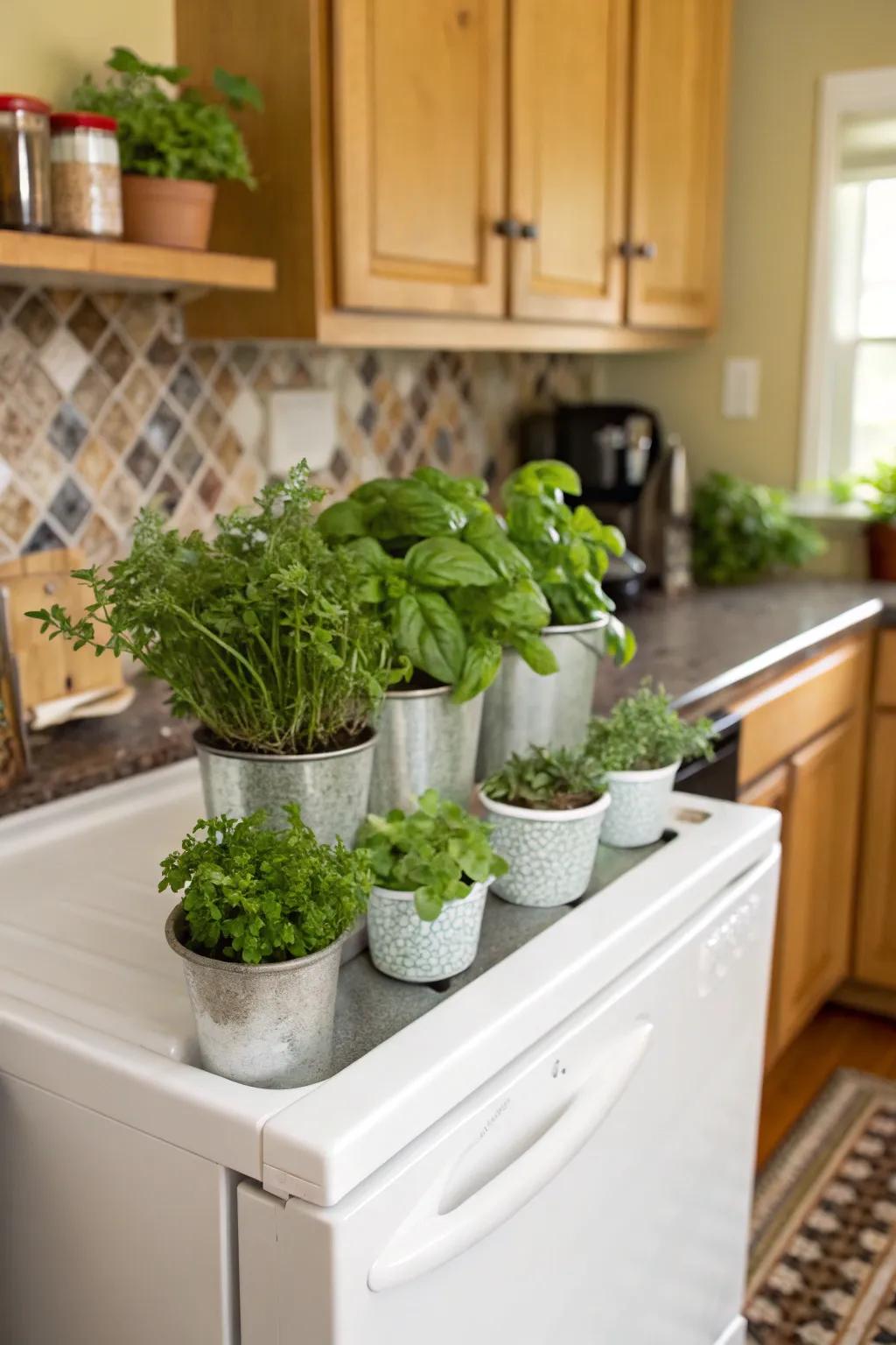 A mini herb garden provides fresh ingredients and decor.