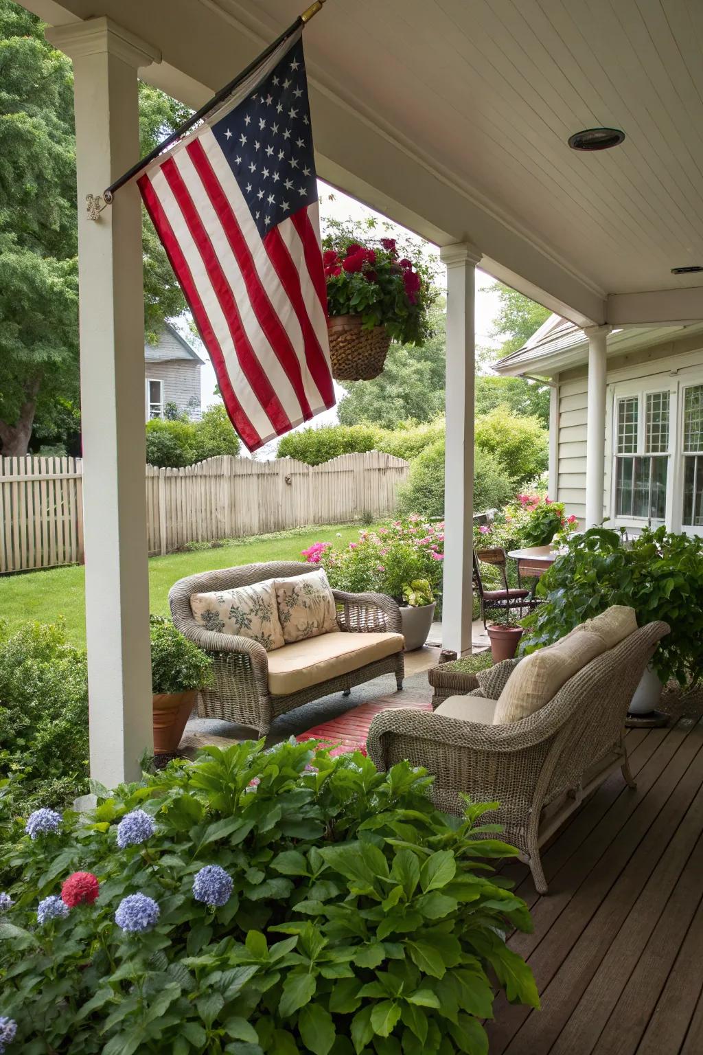 An American flag adds patriotic charm to this inviting porch.