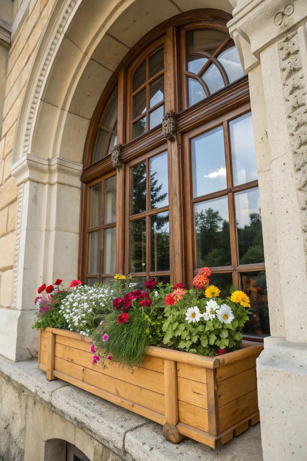 Planter boxes add color and charm to your arch windows.