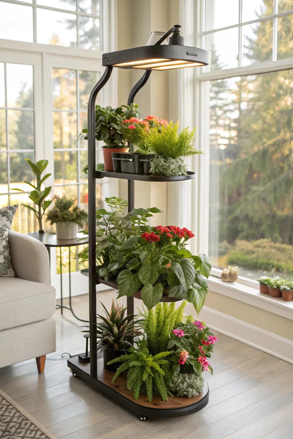 A multi-tier plant stand with adjustable grow lights showcasing greenery.