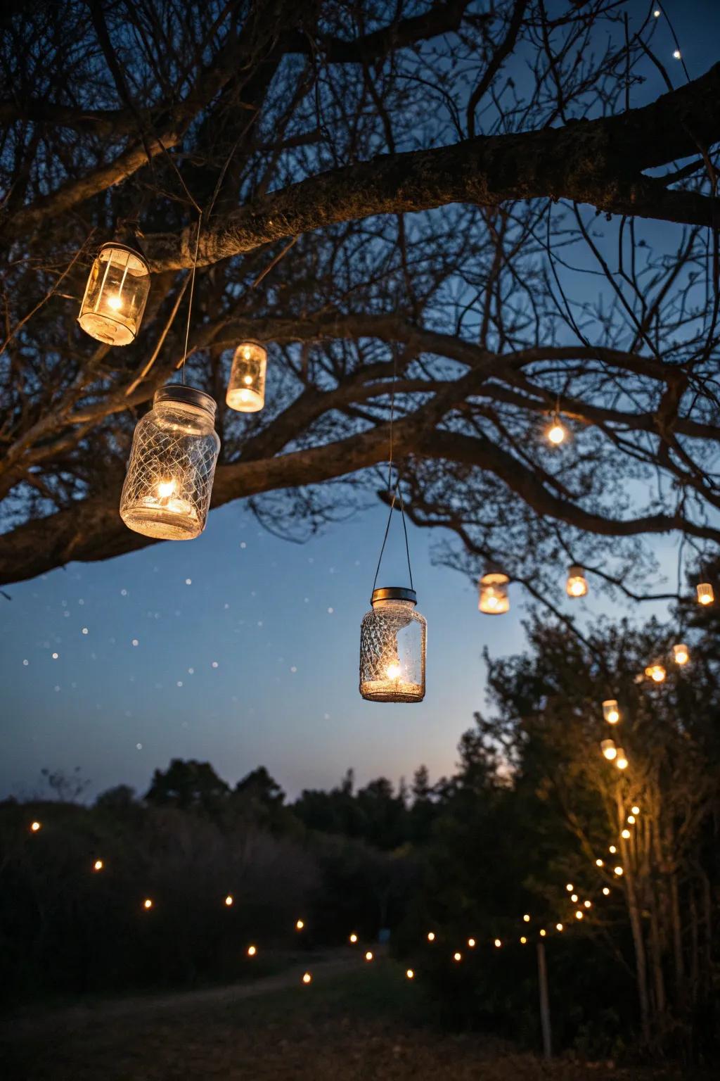 Quixotic garden beacons fashioned from preserving jars conjure an enchanting atmosphere.