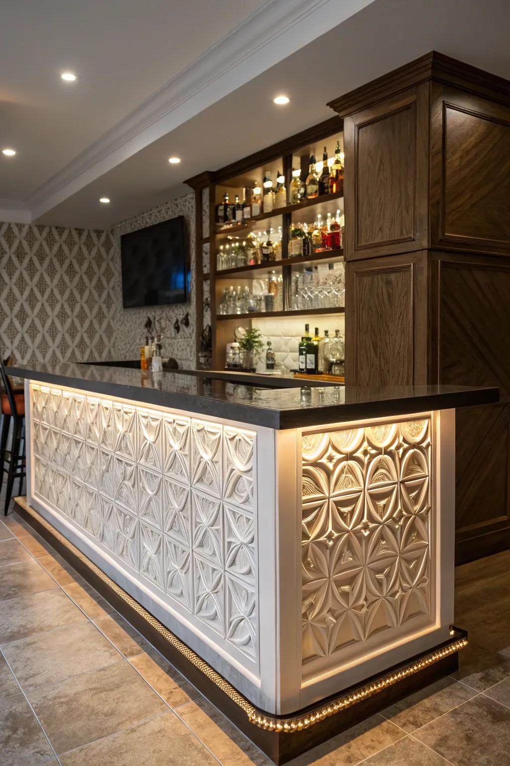 3D panels add artistic flair and depth to your bar space.