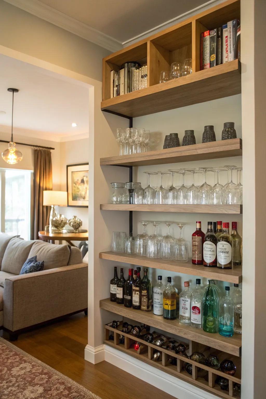 Tiered shelves keep your bar essentials organized.