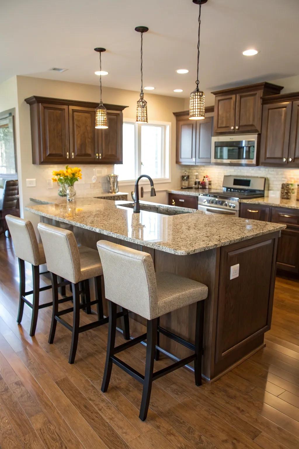 Bar stools with backs enhancing a kitchen island.