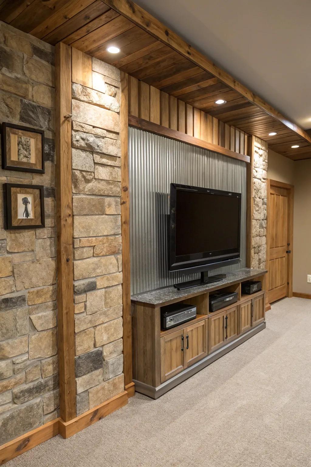 A basement TV wall featuring a combination of wood, stone, and metal for a diverse and stylish appearance.