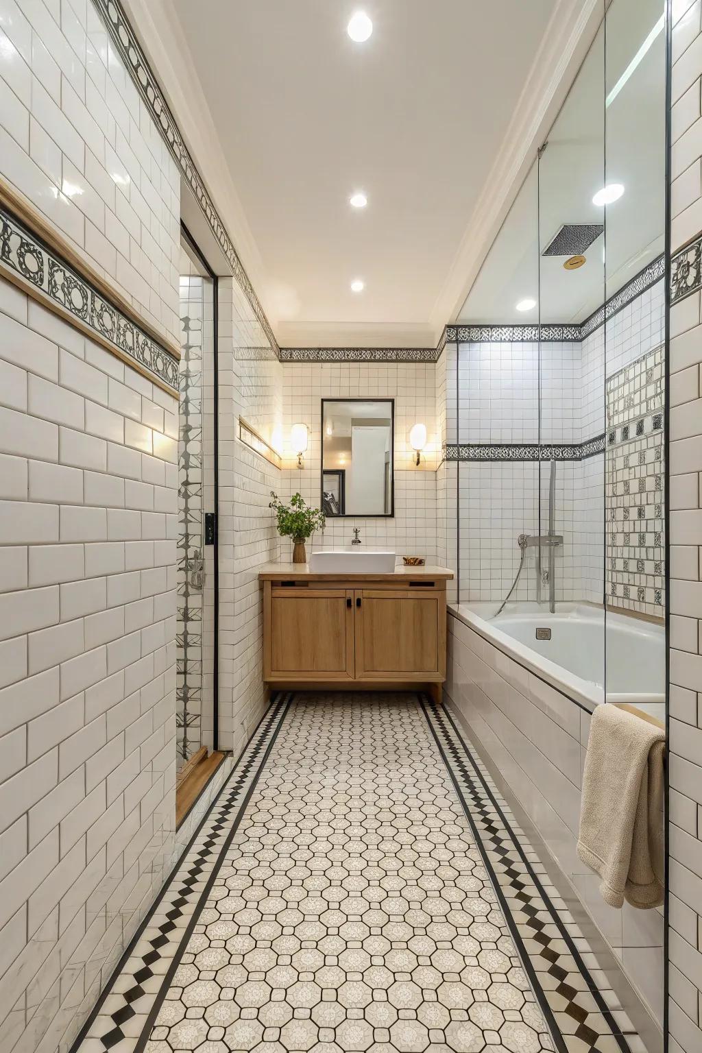 Continuous tile flow creates a unified and expansive bathroom feel.