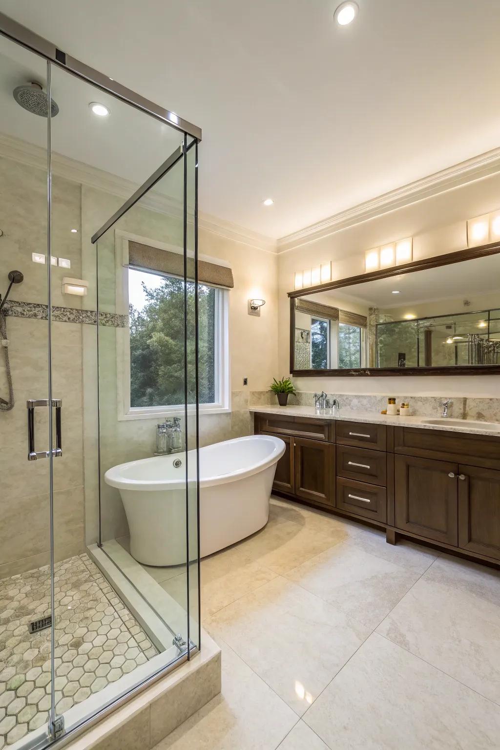 A walk-in shower combined with a bathtub maximizes space.