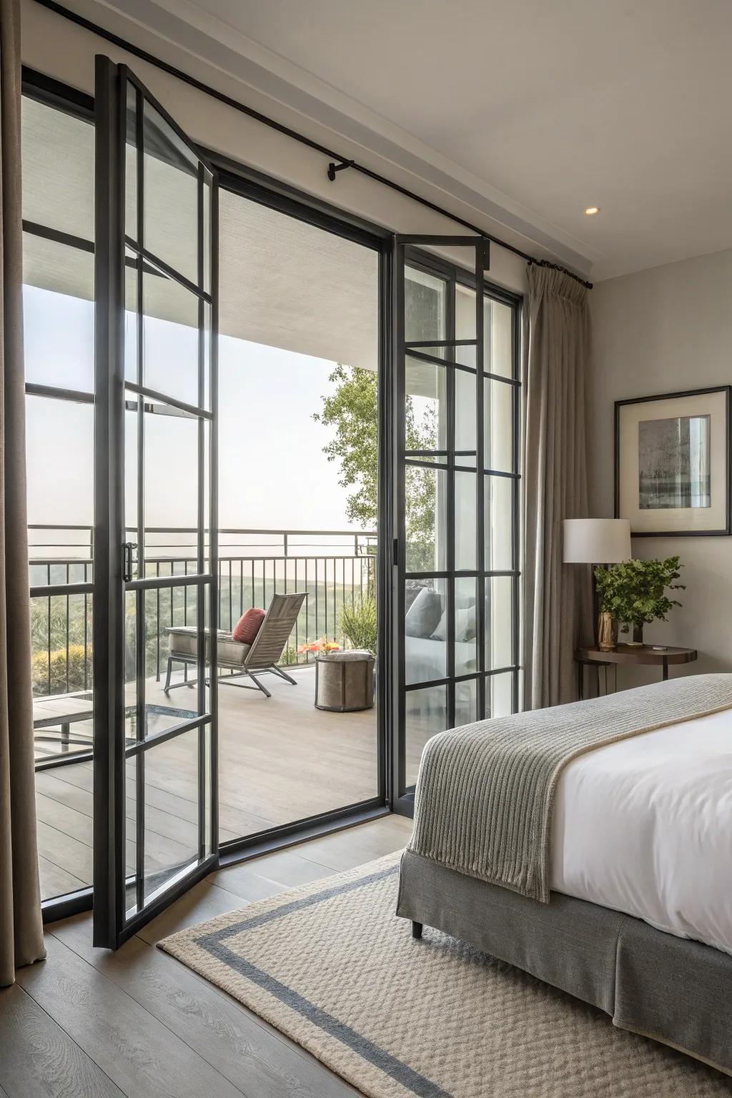Metal-framed panels introduce a modern edge to any bedroom.
