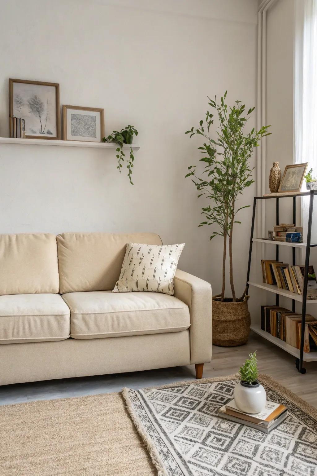 A minimalist living room with a beige couch, exuding calm and simplicity.