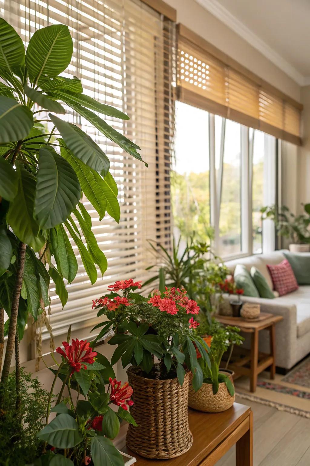 Blinds that blend harmoniously with indoor plants.