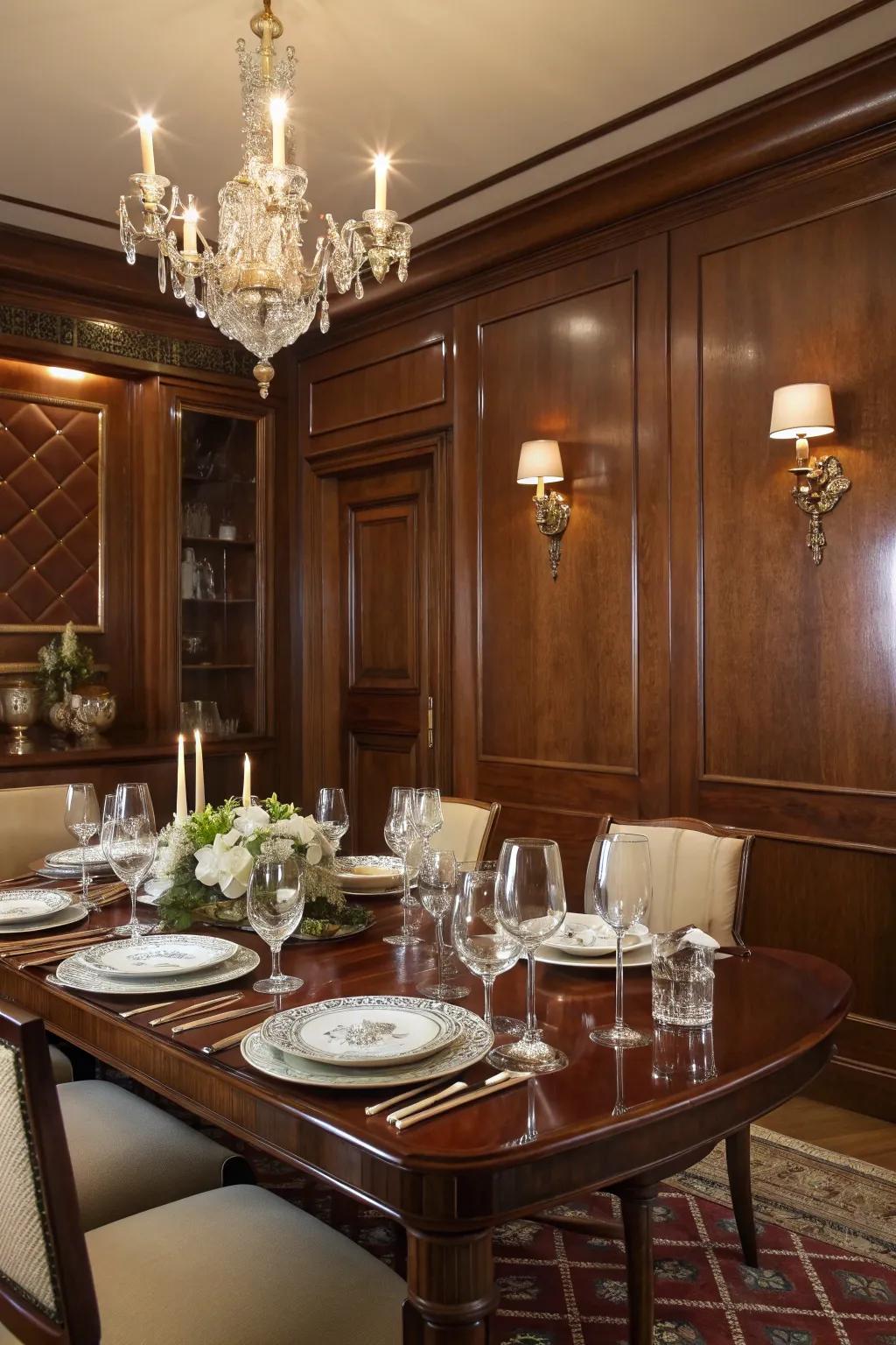 An intimate dining experience surrounded by mahogany walls.