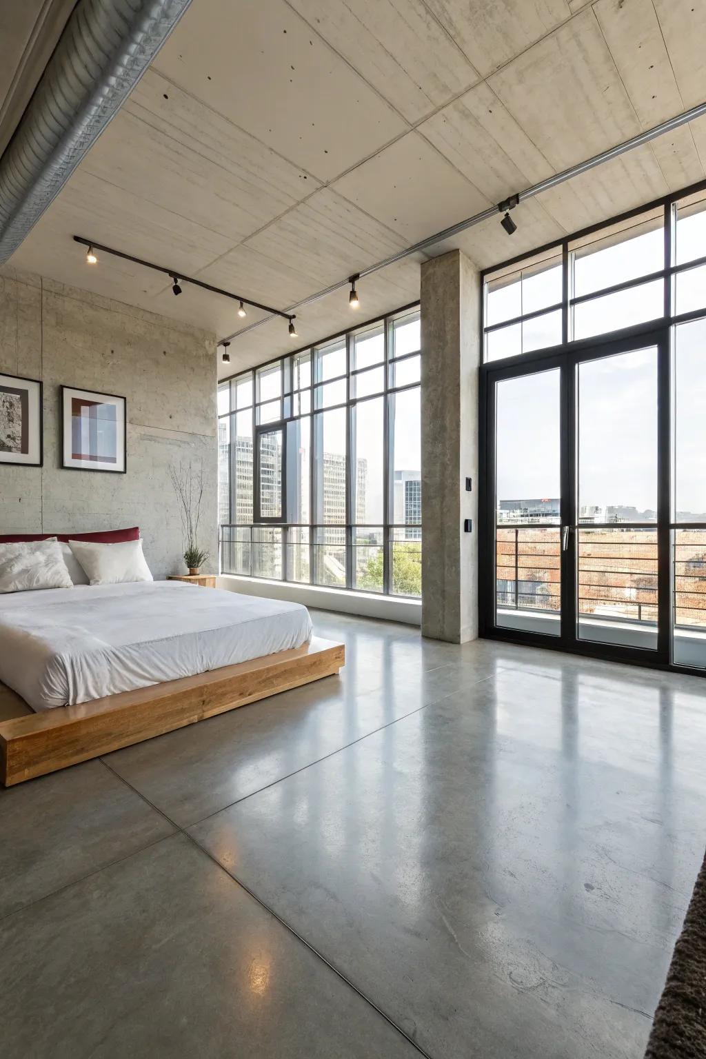 Minimalist bedroom with sleek concrete flooring