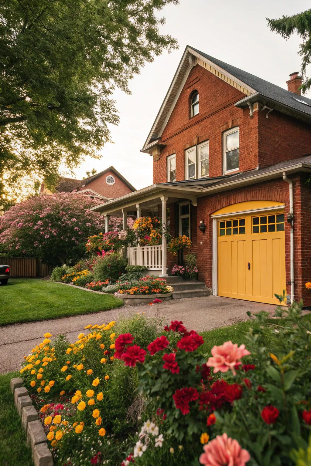 A yellow garage door adds a cheerful pop of color to red brick.