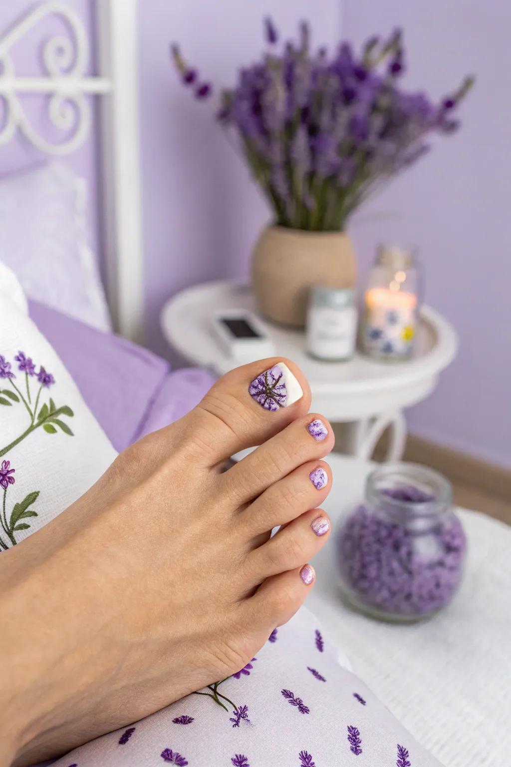 Lavender flower pedicure for a soothing vibe.