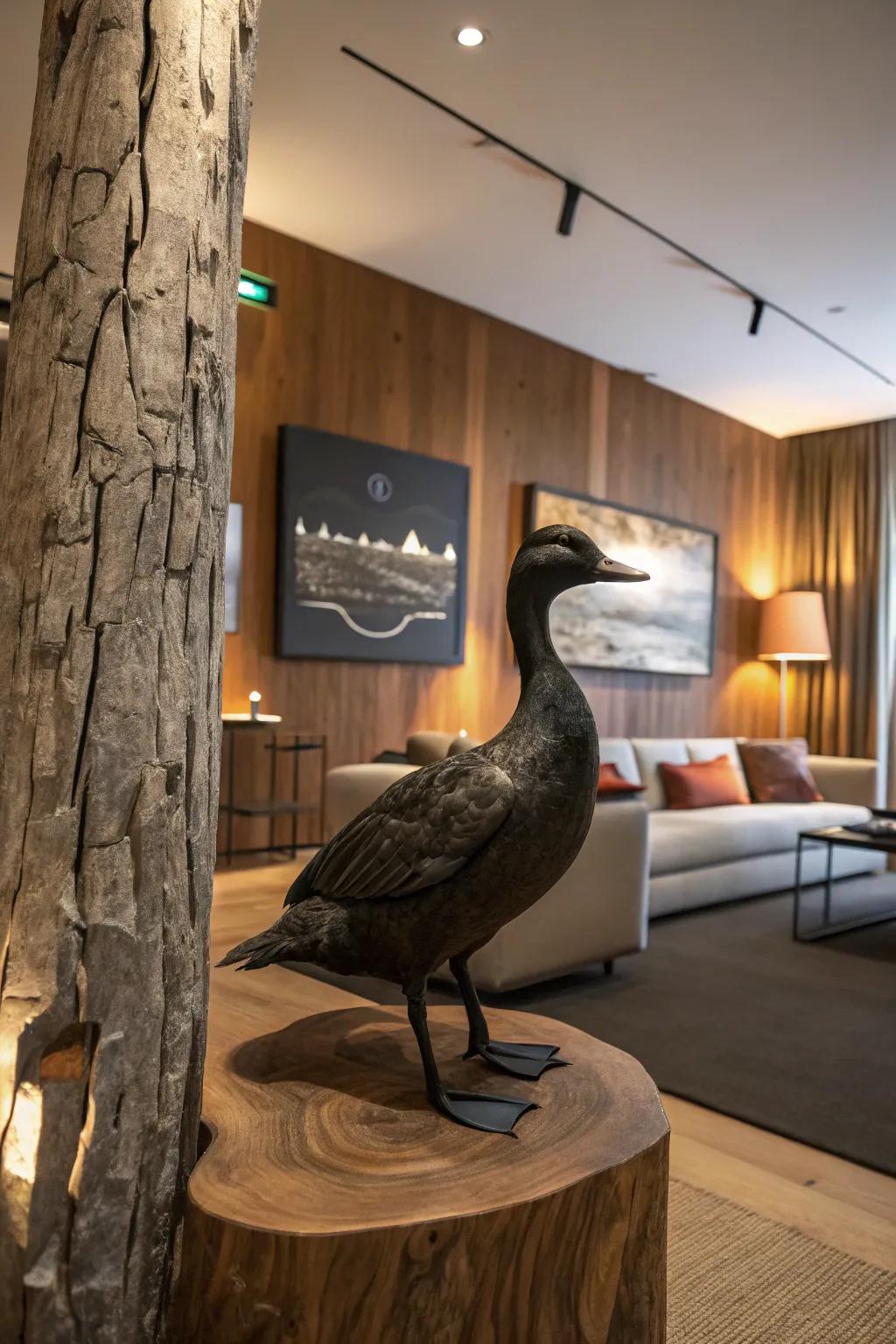 A black duck mount enhanced by a textured wooden backdrop.