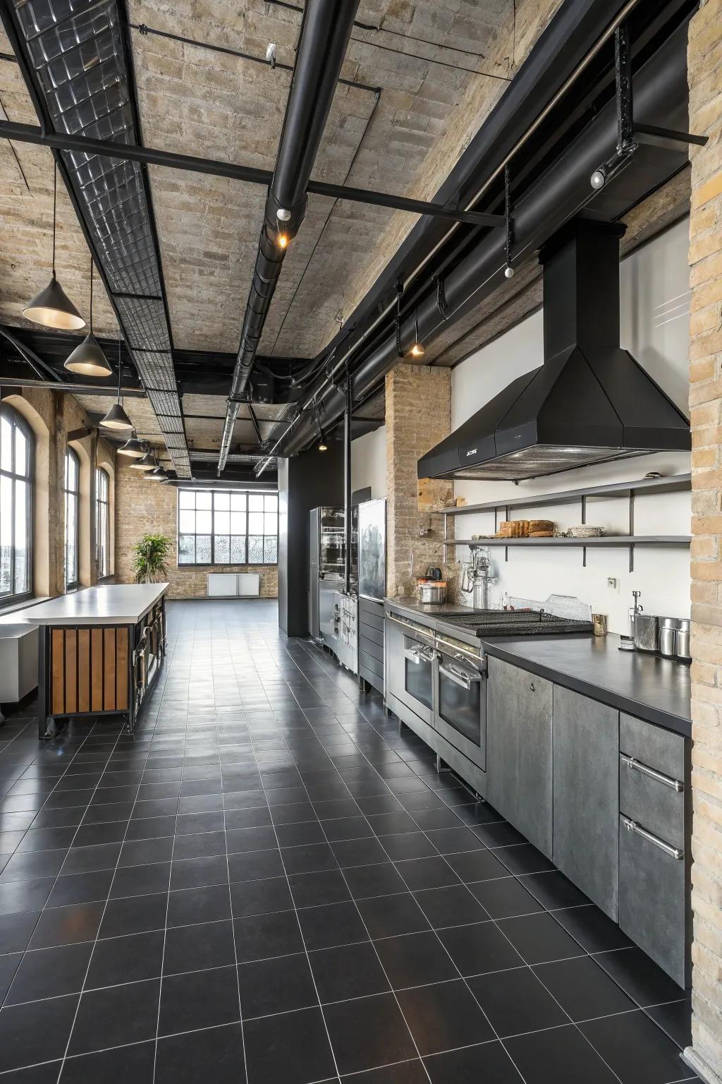 An industrial-style kitchen that pairs black floors with metallic accents.