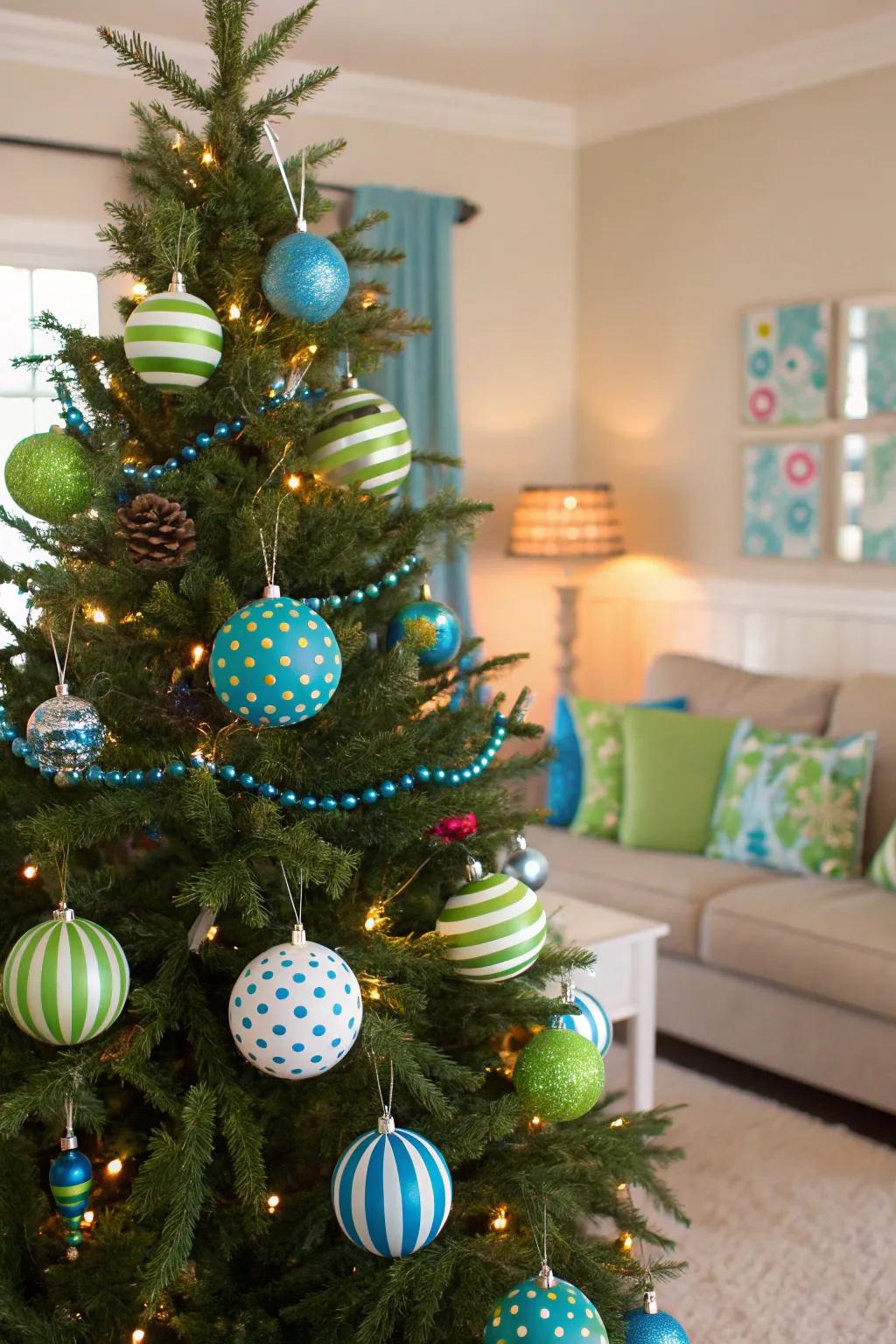 A playful and whimsical Christmas tree with polka dots and stripes.