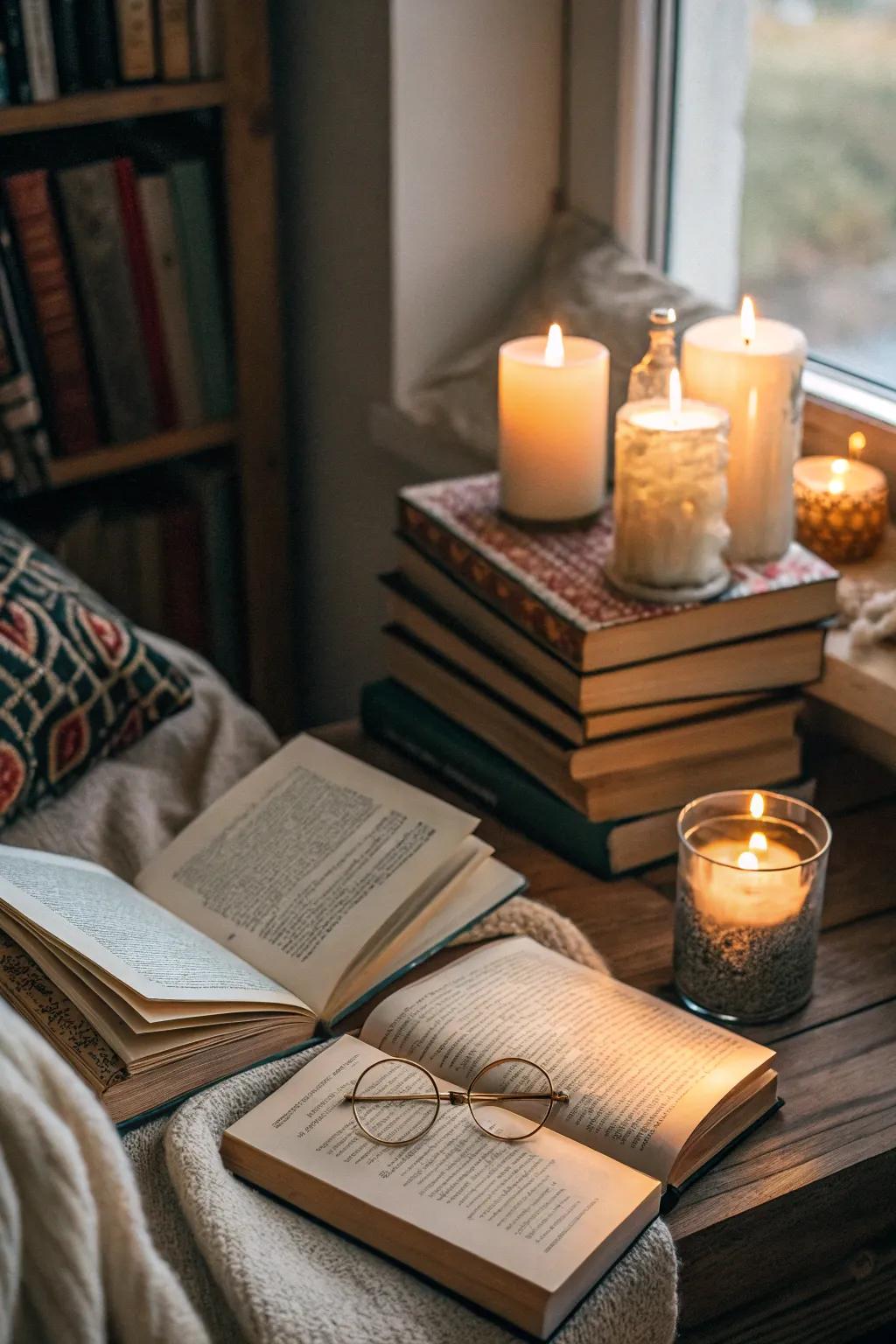 Candlelit charm with books creating a warm, inviting nook.