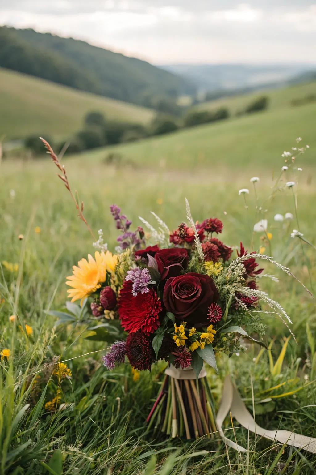 Deep red flowers with wildflower accents.