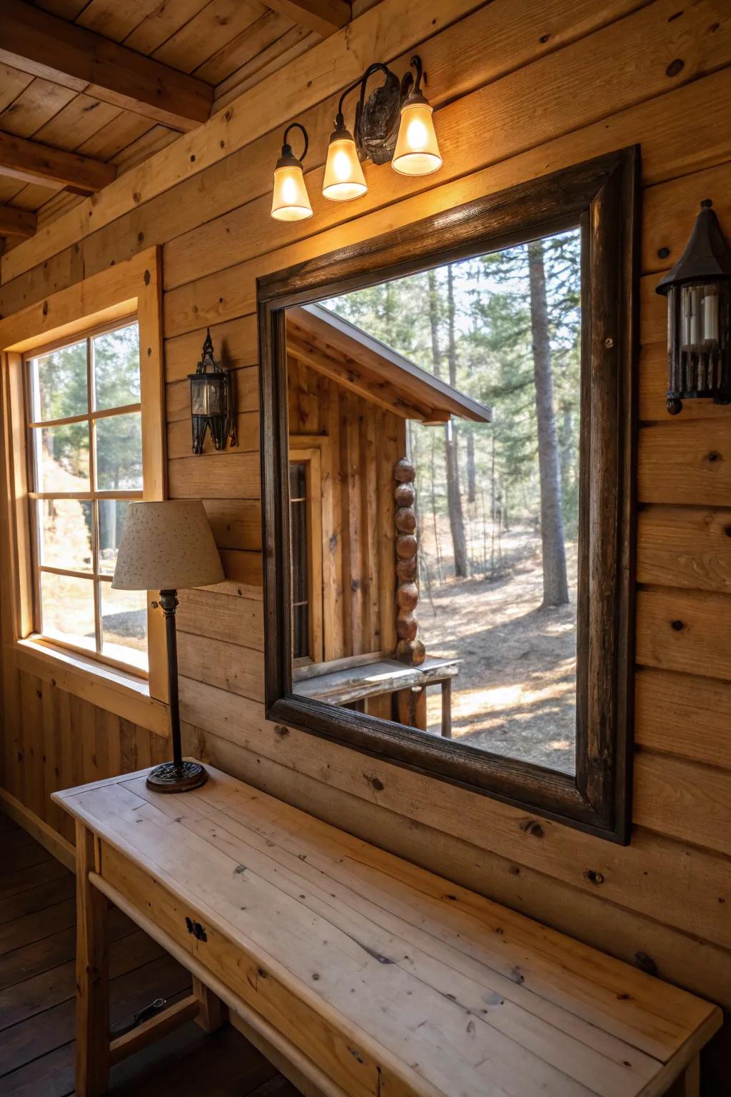 A large mirror enhancing light and space in a cabin room.