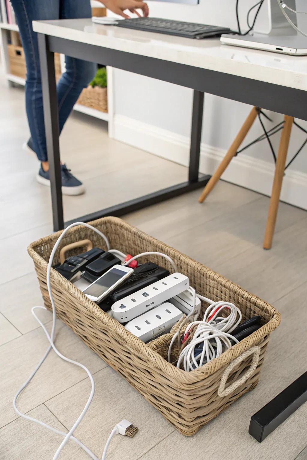 Under-desk cable basket for hidden storage.