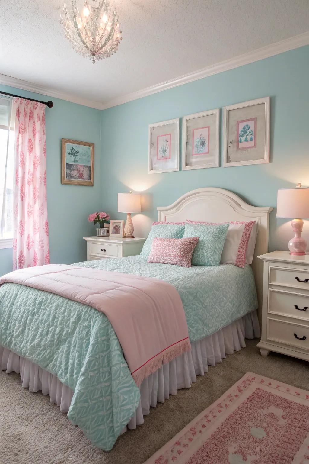 A serene bedroom with a pastel color theme.