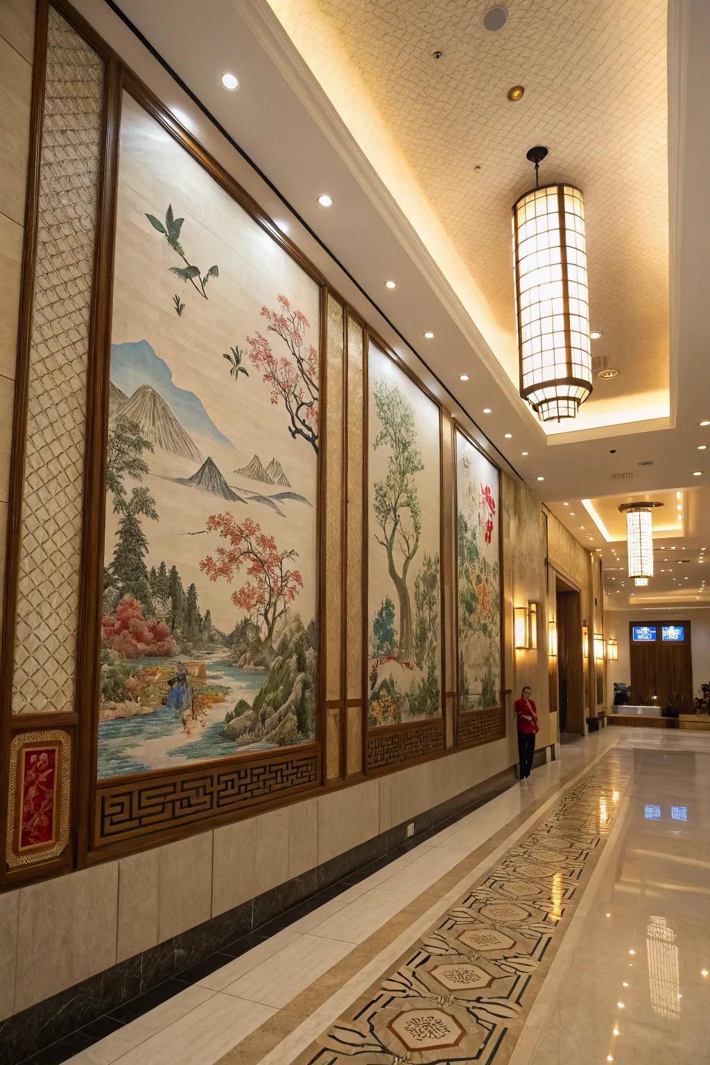 Artful wall panels showcasing traditional Chinese designs.