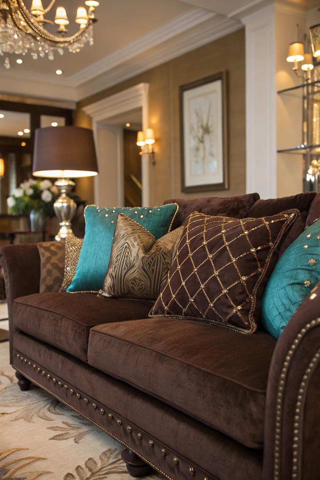 Jewel tones add luxury and elegance to a chocolate couch setup.